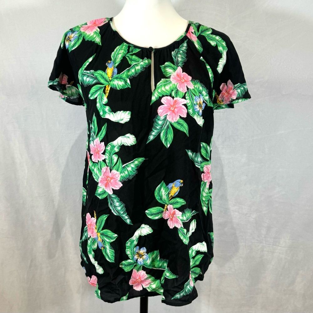 Black tropical print flutter sleeve top size small